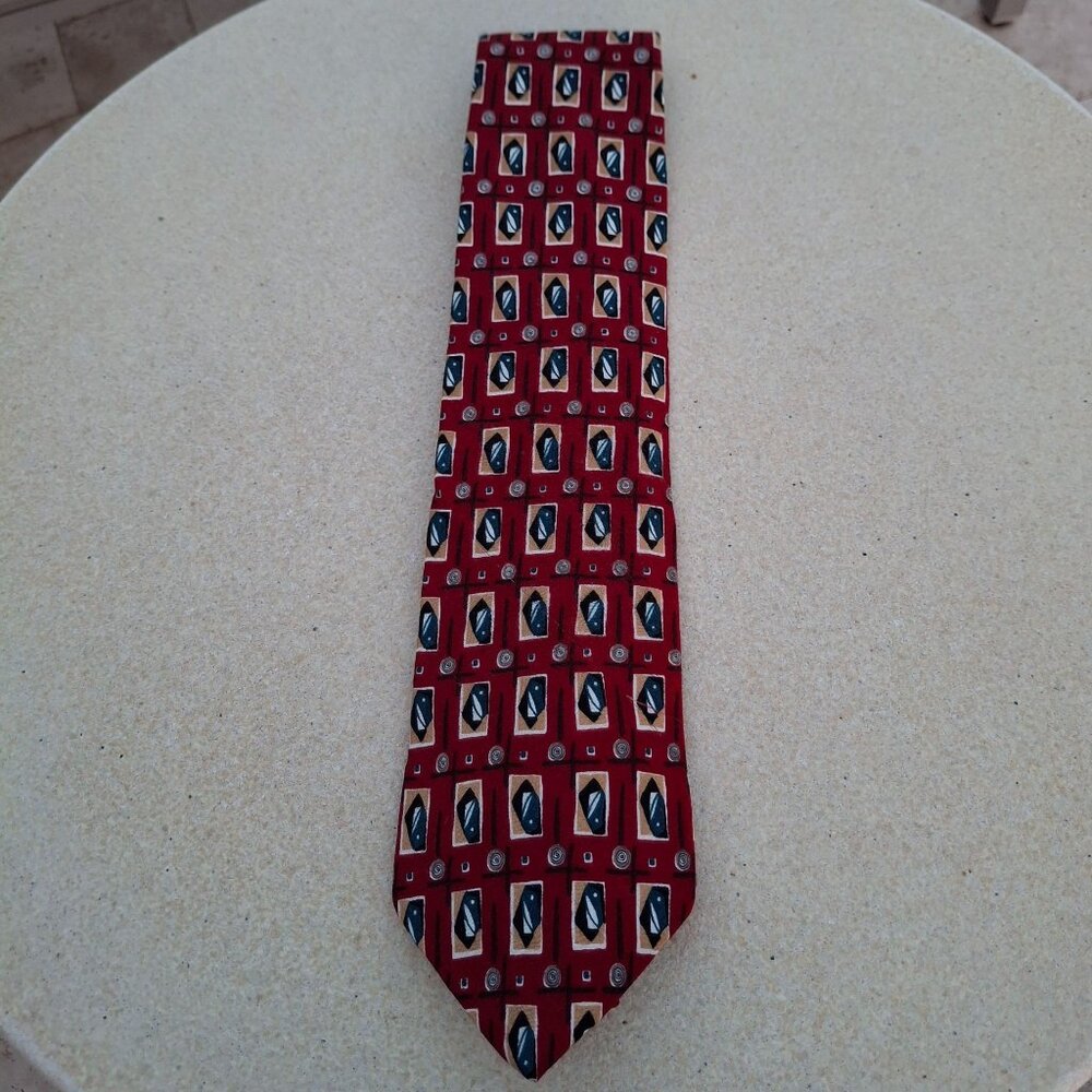 Duck Head Red Silk Necktie With Geometric Pattern & Unique Duck Logo Design